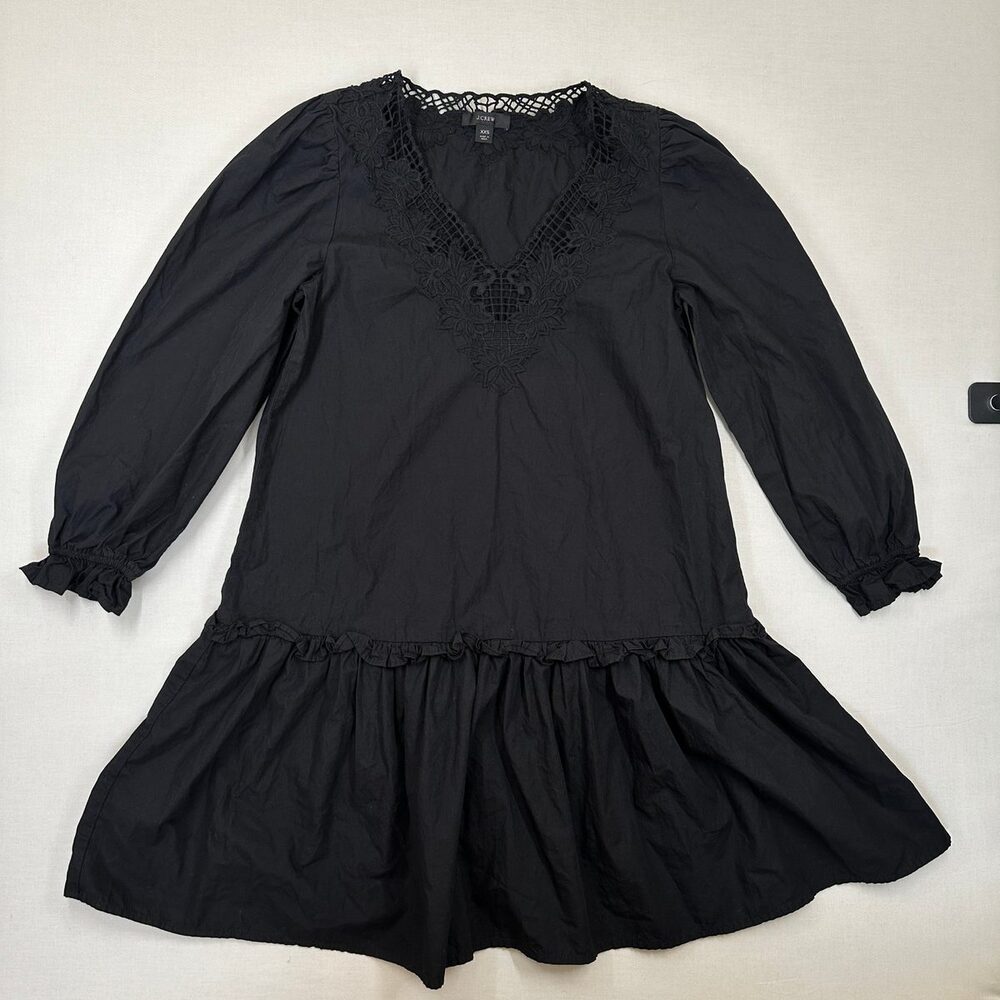 J.Crew Black Embroidered Bib Crochet Trim Mini Dress XXS